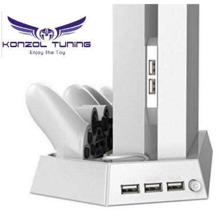 PS4 Pro - PS4 Slim -PS4 Fat Konzolhoz - Vertikális állvány -hűtővel,dupla kontroller töltővel és USB HUB-bal -fehér